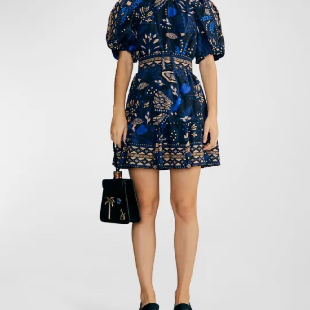 FARM Rio Macaw Forest Navy and Gold Mini Dress